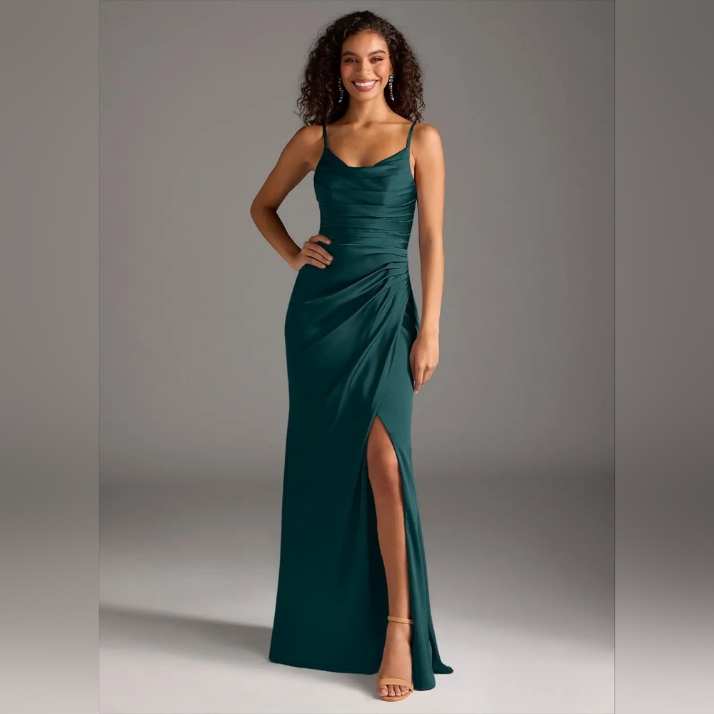 Azazie Deandra | Pine Mermaid Pleated Stretch Satin Bridesmaid Dress